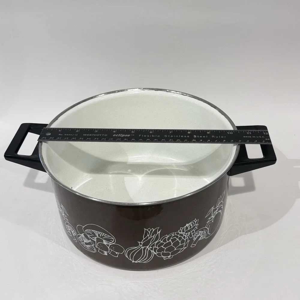 Vintage 70s Enamel Ware Pot w‎ Lid Brown w White Vegetable Pattern